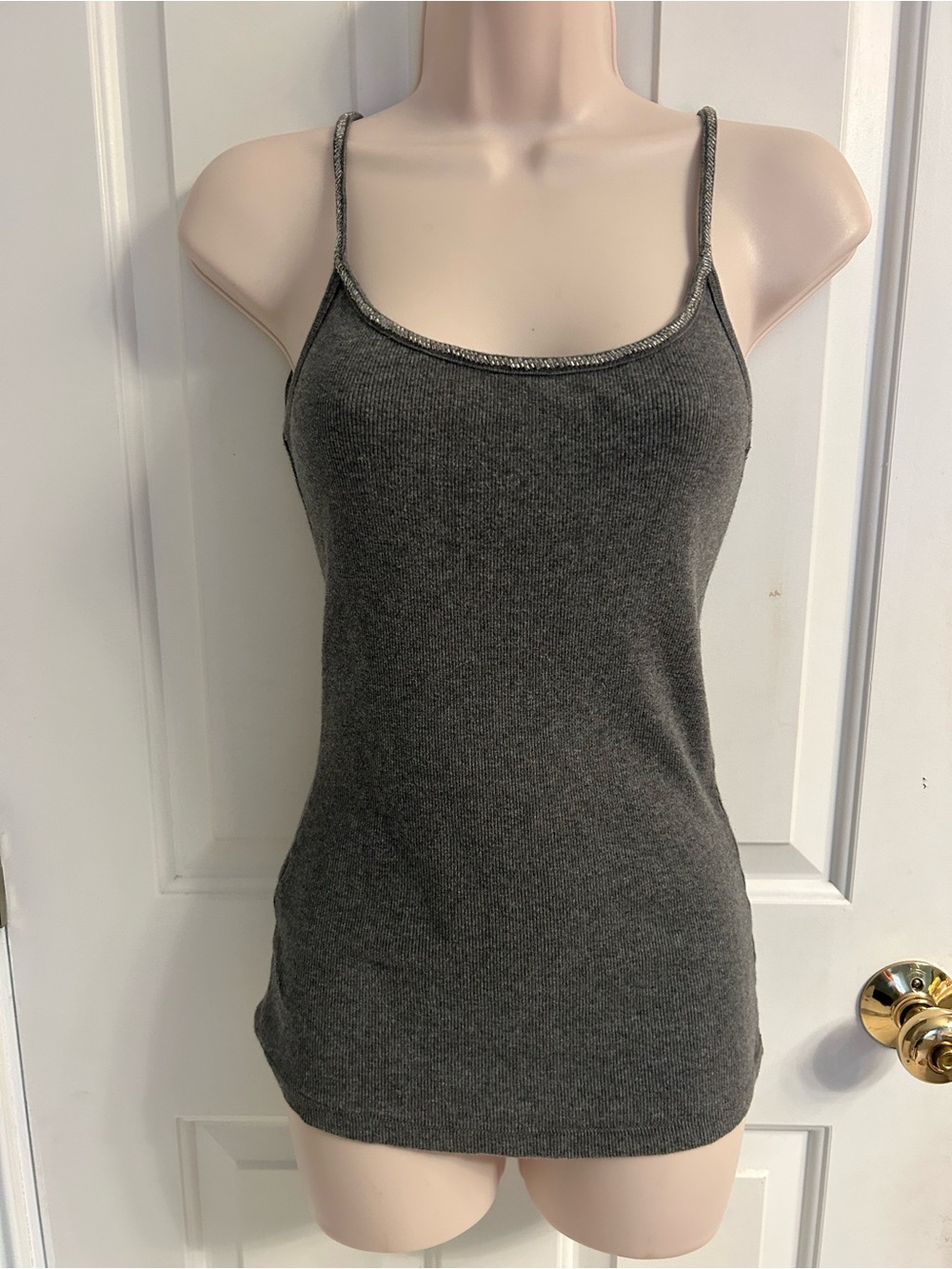 Women’s Express Dark Gray Ribbed Spaghetti Strap Tank Top With Sequin Trim